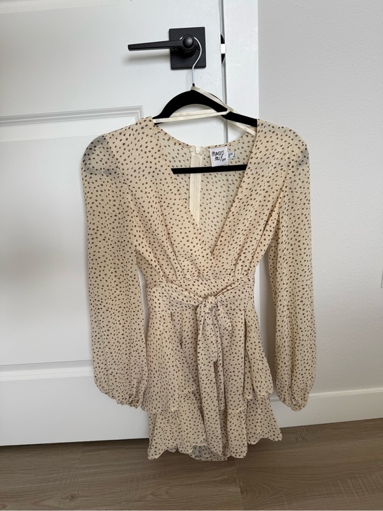 Princess Polly Dresses & Skirts - PRINCESS POLLY Beige Polka Dot Wrap Mini Dress with Tie Waist